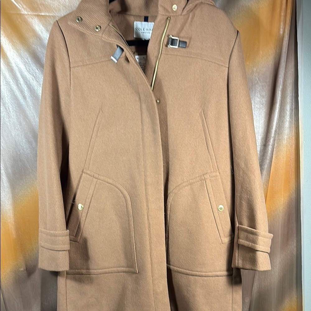 Cole Haan‎ Signature wool camel Tan Trench Coat with Hood size 8 Bag b58
